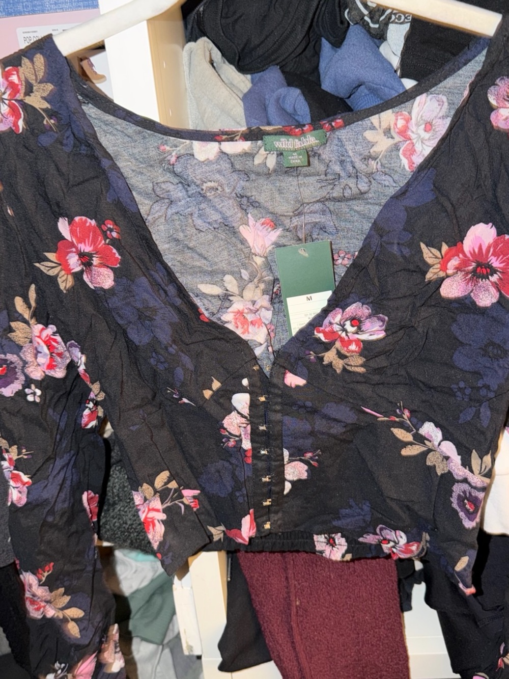 Women’s Black Floral Button-Front Crop Top by Wild Fable